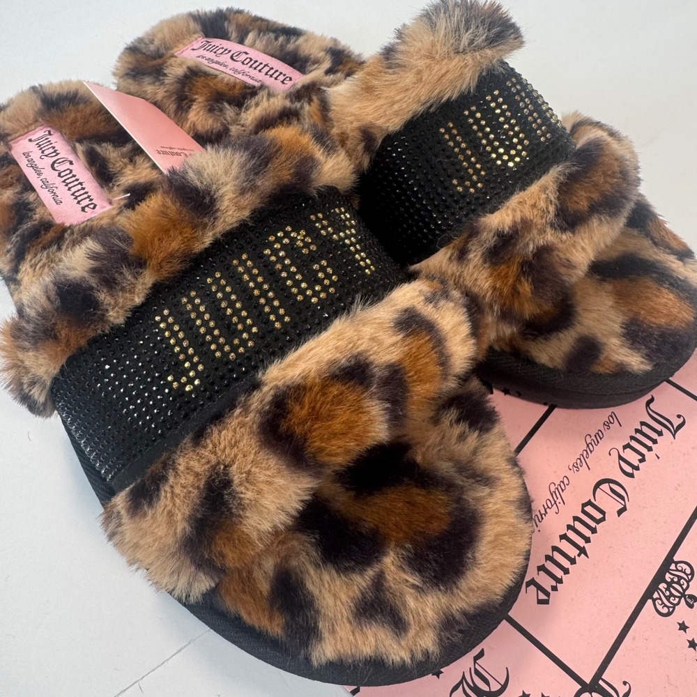 Juicy Couture JC-Halo 3 Leopard Faux Fur Rhinestone Logo Slide Slippers L 8/9